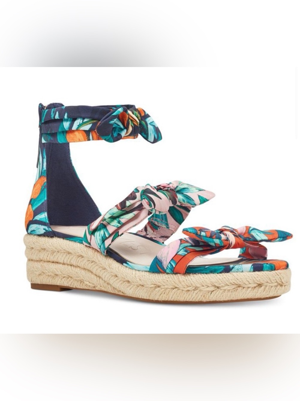 Nine West Floral Knot Espadrille Wedge Sandals - Teal, Orange & Pink